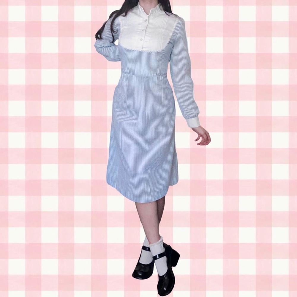 True Vintage Cottagecore Pastel Blue Striped Midi Prairie Milkmaid Dress Sz XS/S